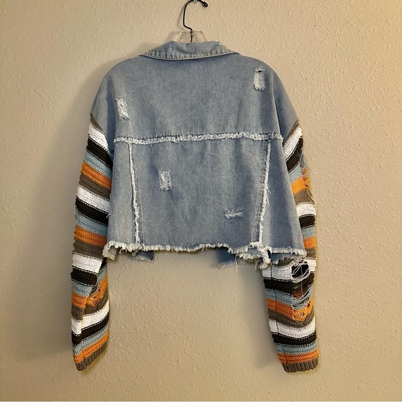 064. POL Distressed Oversized Crop Denim Ripped Stripe Crochet Sleeve Jacket - Picture 14 of 14